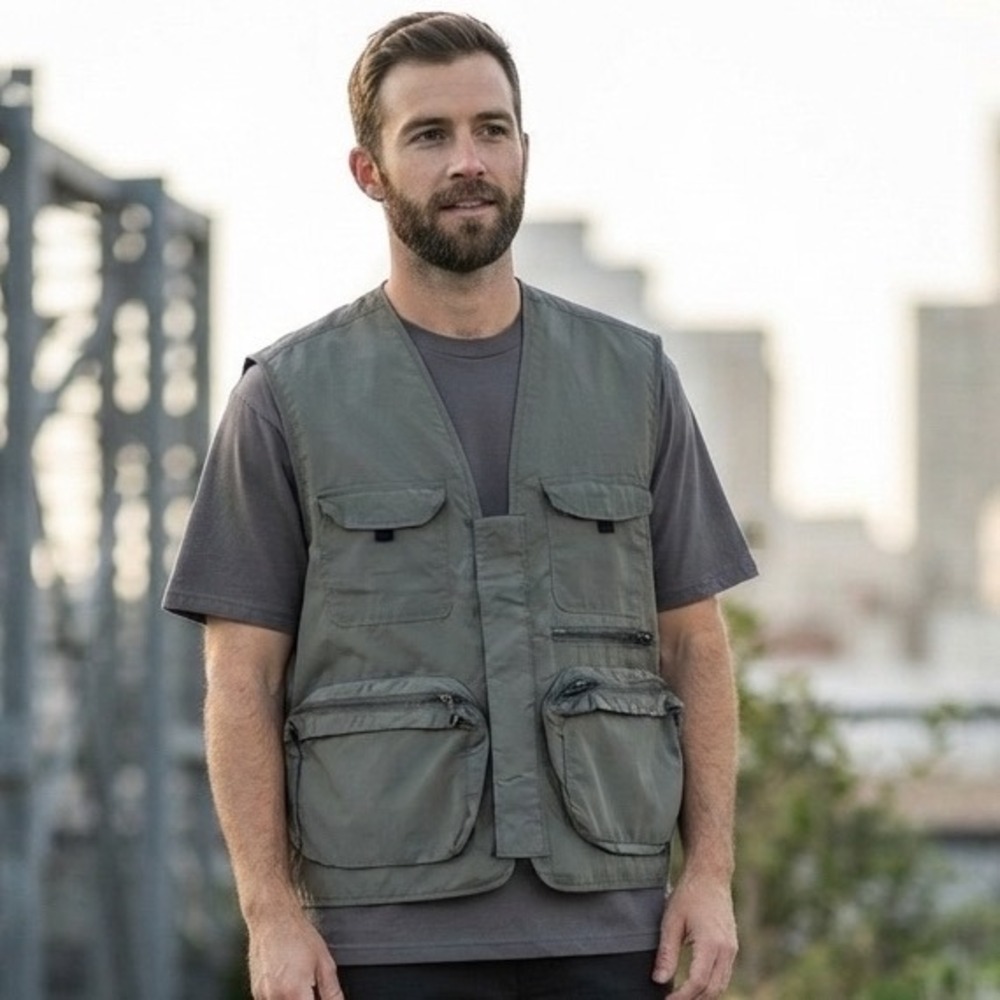 PacSun Mens Utility Vest Olive Green Multi Pocket Gorpcore Tactical XL‎